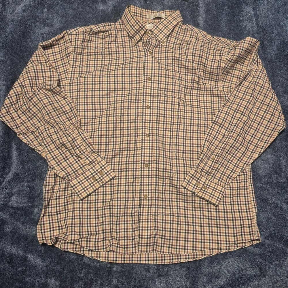 Enro Mens XL Non-Iron Button Down Shirt Long Sleeve Plaid Cotton Tan Brown